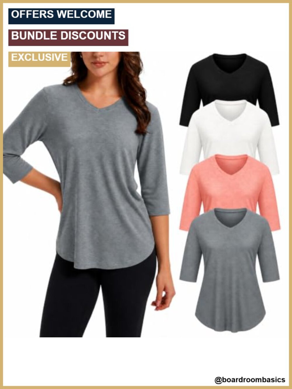 4 Pack 3/4 Sleeve V Neck T Shirts Loose Fit Casual Tops